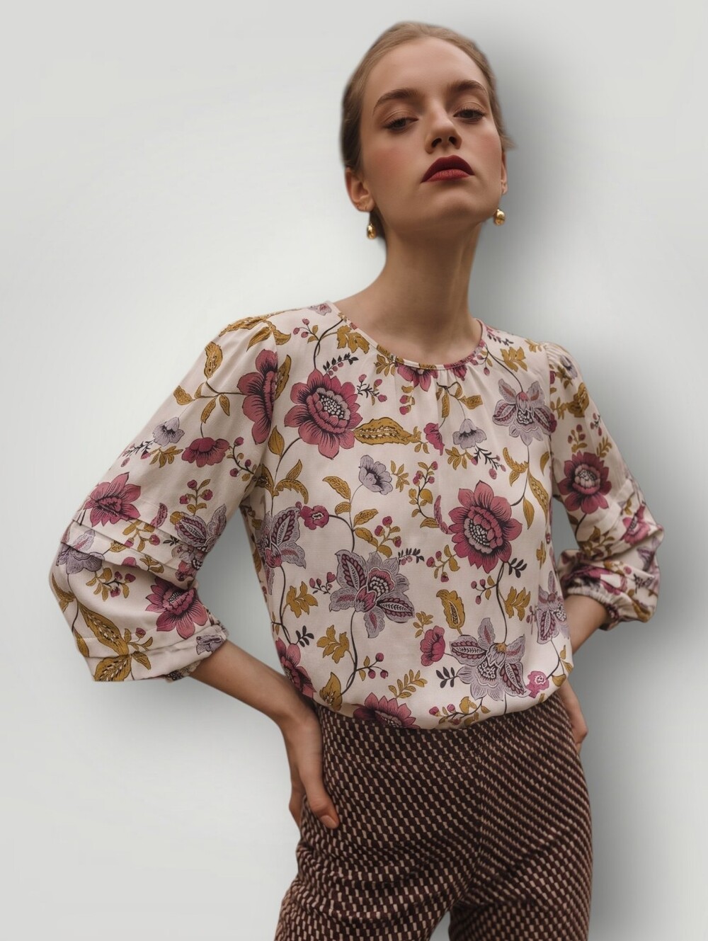 Ann Taylor Factory Floral Bishop Sleeve Blouse Large Cottagecore Boho Prairie